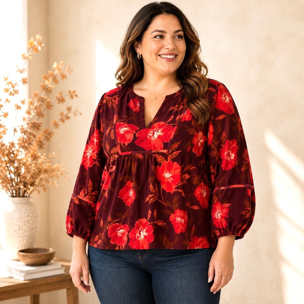 Sonoma 2X Floral Corduroy Blouse Top Burgundy 100% Cotton Boho Plus Size NWT
